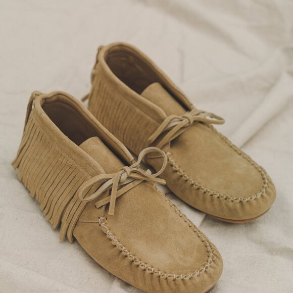 LOEWE x Paula’s Ibiza Suede Calfskin Fringed High Top Loafer - Gold - Picture 12 of 13